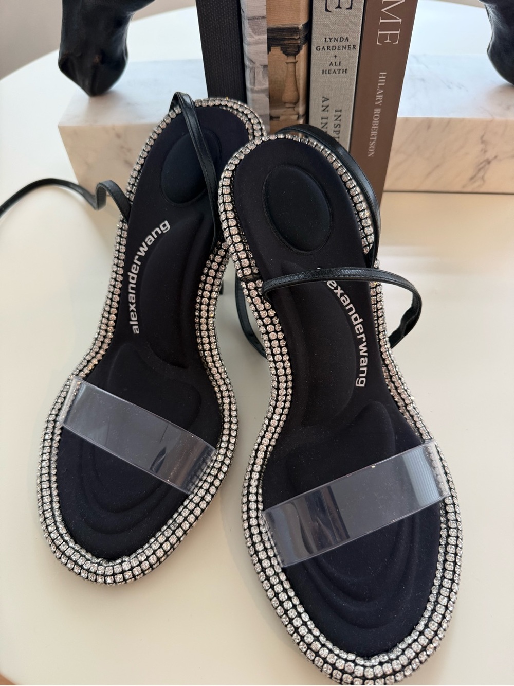 Alexander Wang Black Sandals with Clear Strap and Rhinestone Trim